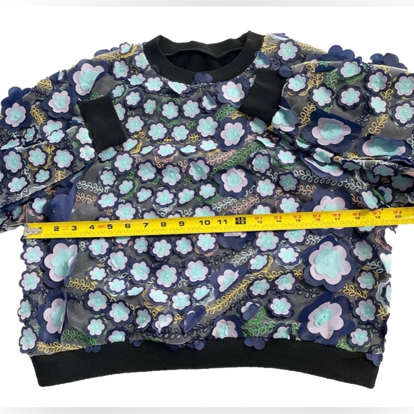 3D Floral Appliqué Sweatshirt Blue Purple Mesh Embroidered Pullover Top XS/S - Picture 6 of 9
